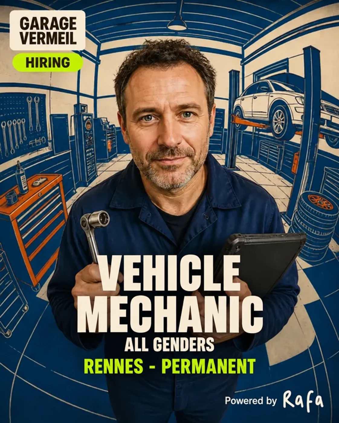 Car mechanic ad, Garage Vermeil · Rennes